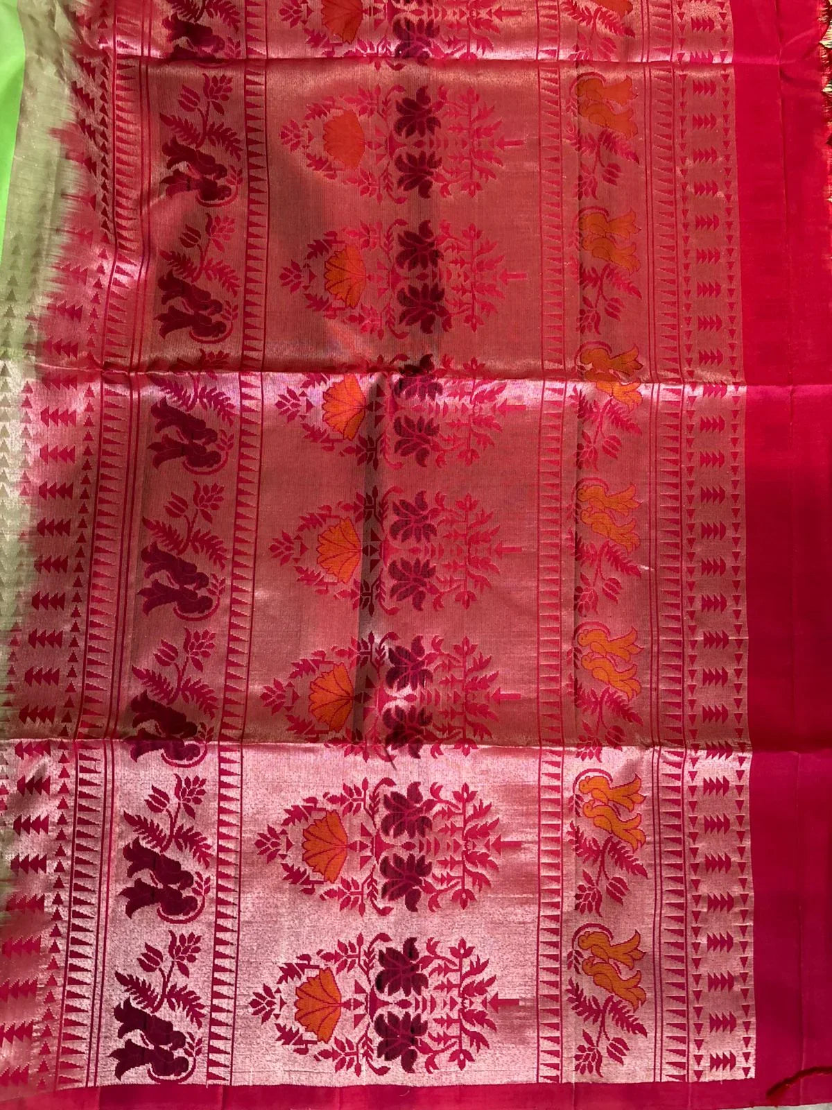 PURE SOFT SILK SAREE BODY GREEN BORDER RED SARI - pochampallysarees.com