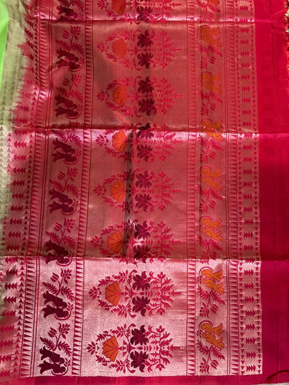 PURE SOFT SILK SAREE BODY GREEN BORDER RED SARI - pochampallysarees.com