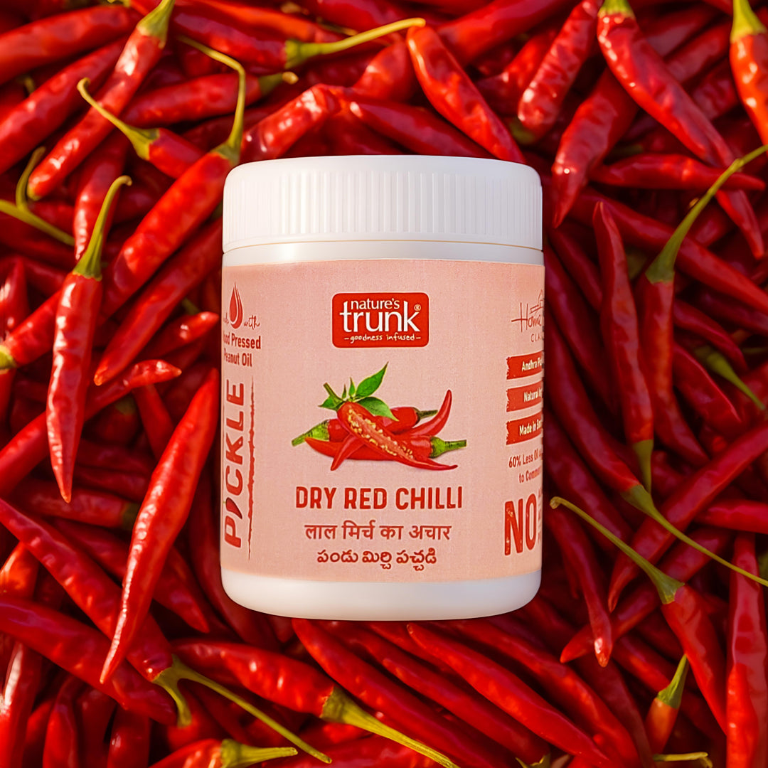 Dry red chilli pickle jar made with whole red chillies and spices, authentic traditional Andhra pandumirchi pickle