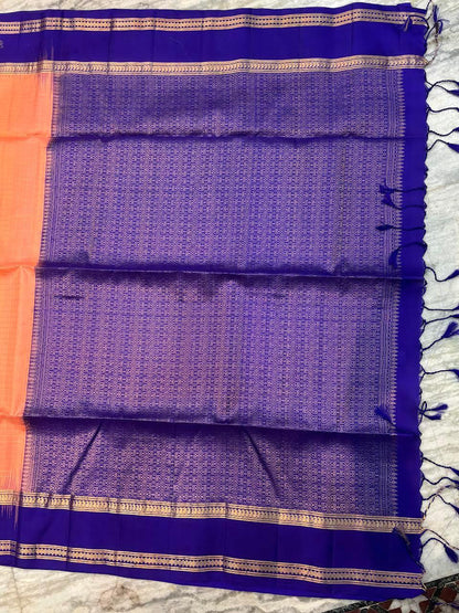 Classic Peach-Orange & Royal Blue Soft Silk Saree with Gold Zari Temple Border | Traditional Festive Wear with Rich Zari Pallu & Tassels - pochampallysarees.com