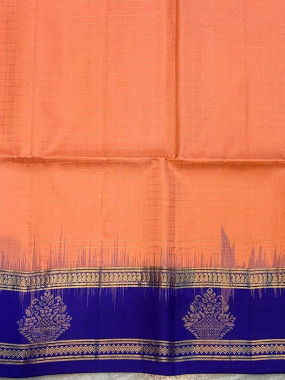 Classic Peach-Orange & Royal Blue Soft Silk Saree with Gold Zari Temple Border | Traditional Festive Wear with Rich Zari Pallu & Tassels - pochampallysarees.com