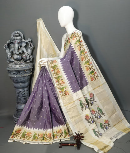 POCHAMPALLY IKKAT SILK MIDDLE PURPLE BORDER AND PALLU WHITE ZARI BORDER ALLOVER DESIGN SAREE - pochampallysarees.com