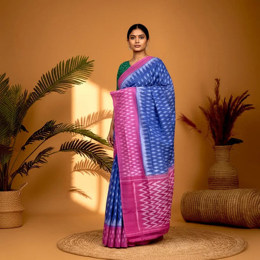 POCHAMPALLY IKKAT COTTON BLUE PINK - pochampallysarees.com