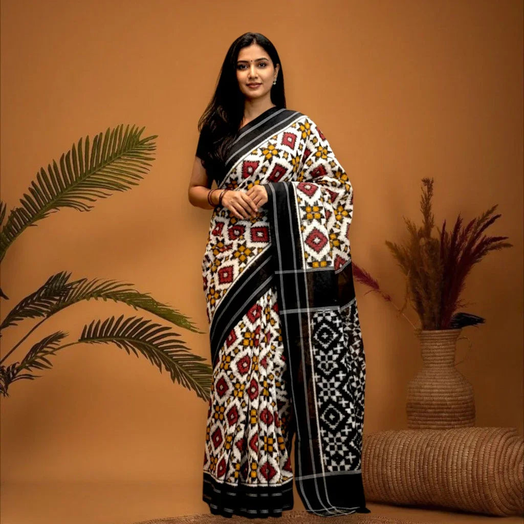POCHAMPALLY DOUBLE IKKAT COTTON BODY WHITE BORDER AND PALLU BLOUSE BLACK SAREE - pochampallysarees.com