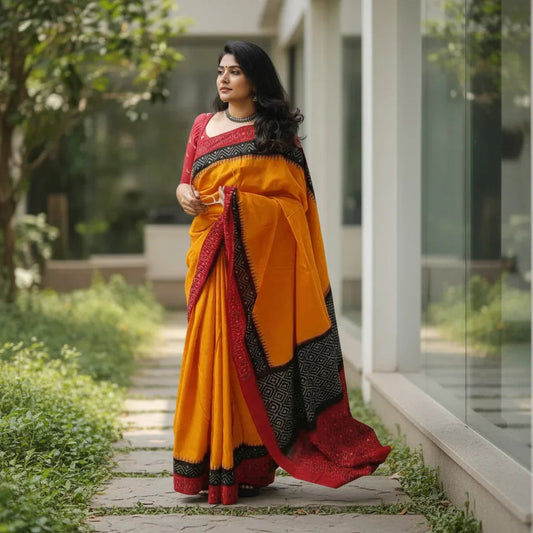YELLOW, RED AND BLACK COLOR IKAT COTTON SAREE - pochampallysarees.com