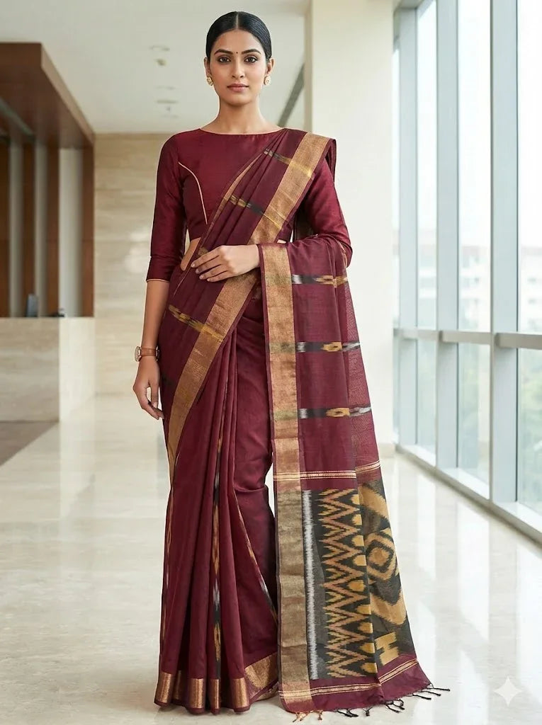 POCHAMPALLY IKKAT SICO CHOCOLATE SARI - pochampallysarees.com