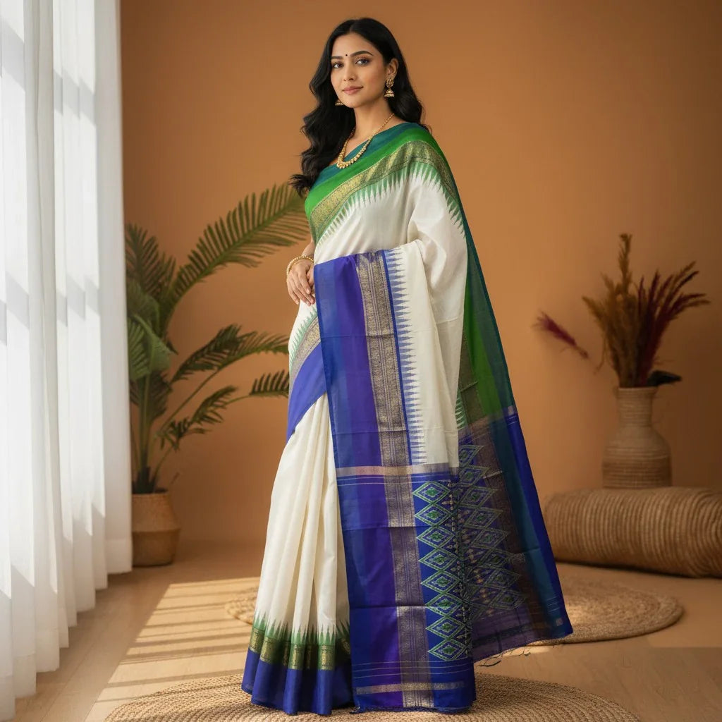 Pure Pochampally Ikkat Silk Kanchi Border Sari Online - pochampallysarees.com