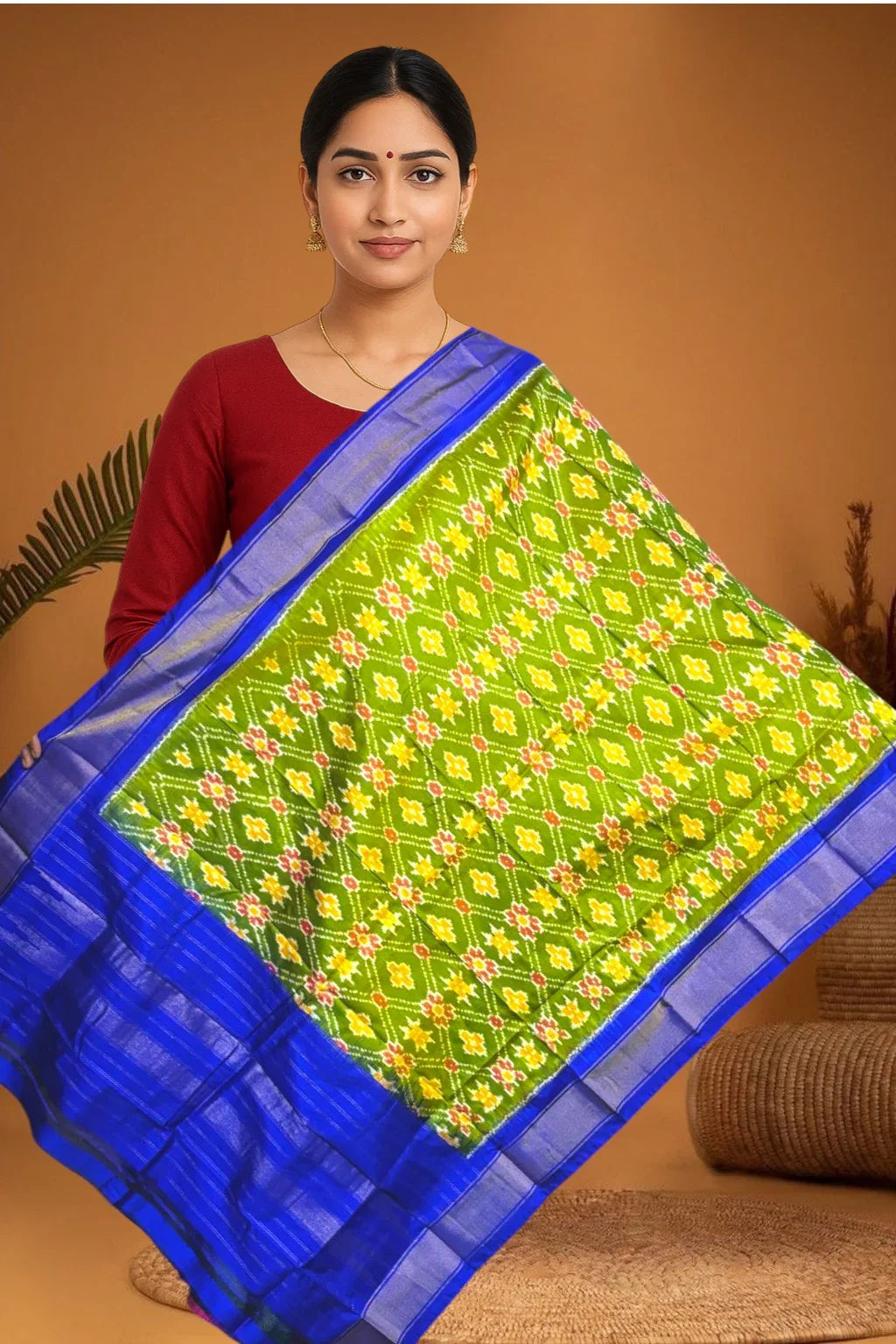 POCHAMPALLY IKKAT SILK MIDDLE GREEN BORDER BLUE TISSUE BORDER DUPATTA - pochampallysarees.com