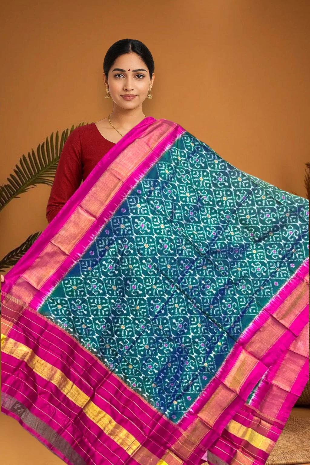 POCHAMPALLY IKKAT SILK MIDDLE GREEN BORDER PINK TISSUE BORDER DUPATTA - pochampallysarees.com