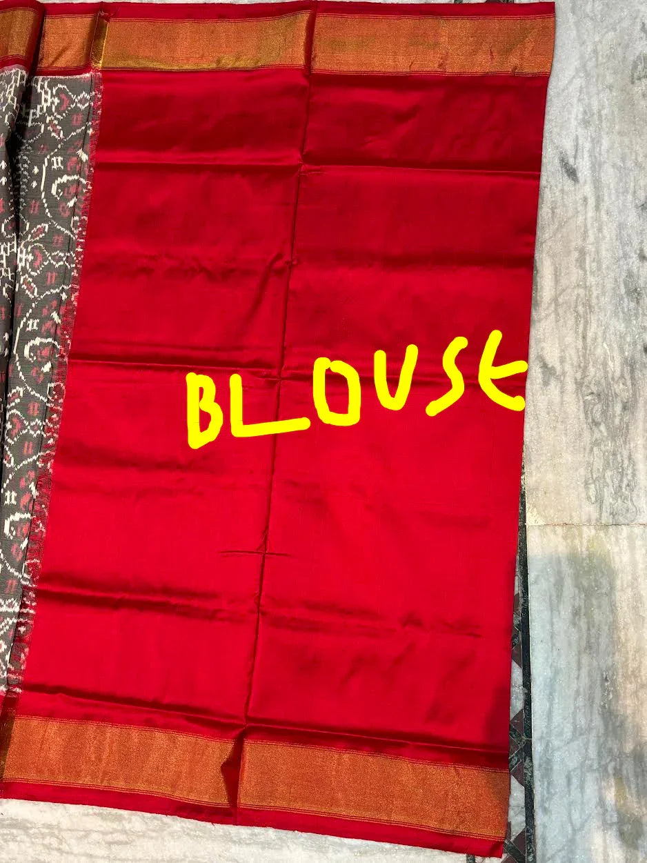 Pure Pochampally Ikkat Patola Silk Saree in Charcoal Grey & Red | Handloom Traditional Wedding Saree with Rich Zari Border & Pallu - pochampallysarees.com