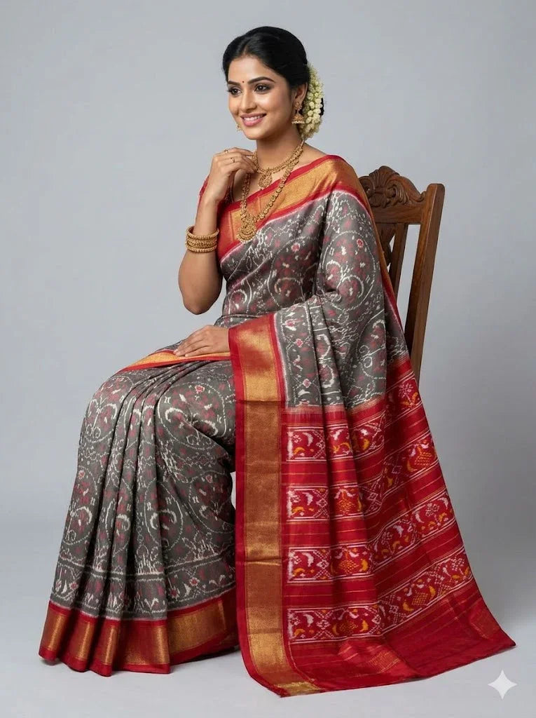 Pure Pochampally Ikkat Patola Silk Saree in Charcoal Grey & Red | Handloom Traditional Wedding Saree with Rich Zari Border & Pallu - pochampallysarees.com
