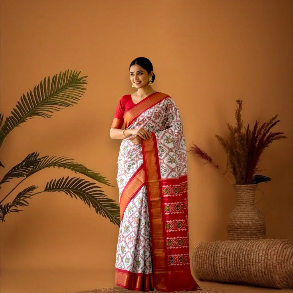 POCHAMPALLY IKKAT PATOLA SILK WHITE RED SARI - pochampallysarees.com