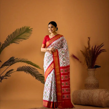 POCHAMPALLY IKKAT PATOLA SILK WHITE RED SARI - pochampallysarees.com