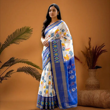 Pure Pochampally Ikkat Silk Kalamkari Designer Blue White Sari - pochampallysarees.com