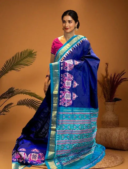 POCHAMPALLY IKKAT SILK PATOLA MIDDLE BLUE BORDER AND PALLU ANANDA BLUE ZARI BORDER PLAIN DESIGN SAREE - pochampallysarees.com