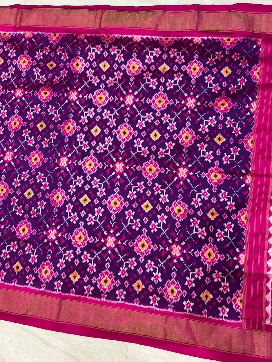 POCHAMPALLY IKKAT SILK PATOLA DEEP PURPLE & PINK SAREE | Handloom Double Ikat Pattu Saree with Zari Border | Traditional Wedding & Festive Wear - pochampallysarees.com