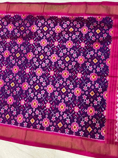 POCHAMPALLY IKKAT SILK PATOLA DEEP PURPLE & PINK SAREE | Handloom Double Ikat Pattu Saree with Zari Border | Traditional Wedding & Festive Wear - pochampallysarees.com