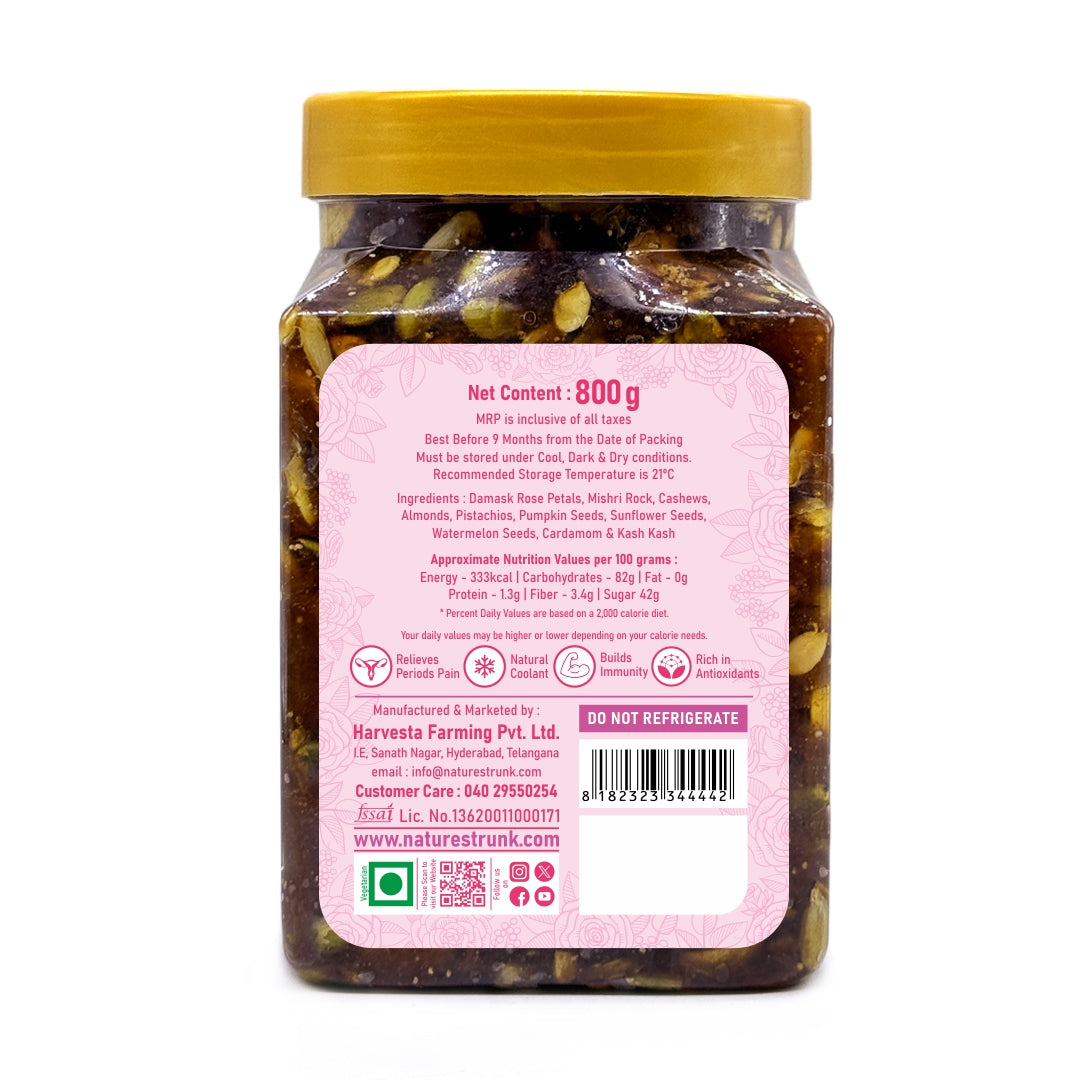 Premium organic rose gulkand with nuts and seeds, vibrant color and texture, ideal to buy gulkand online.