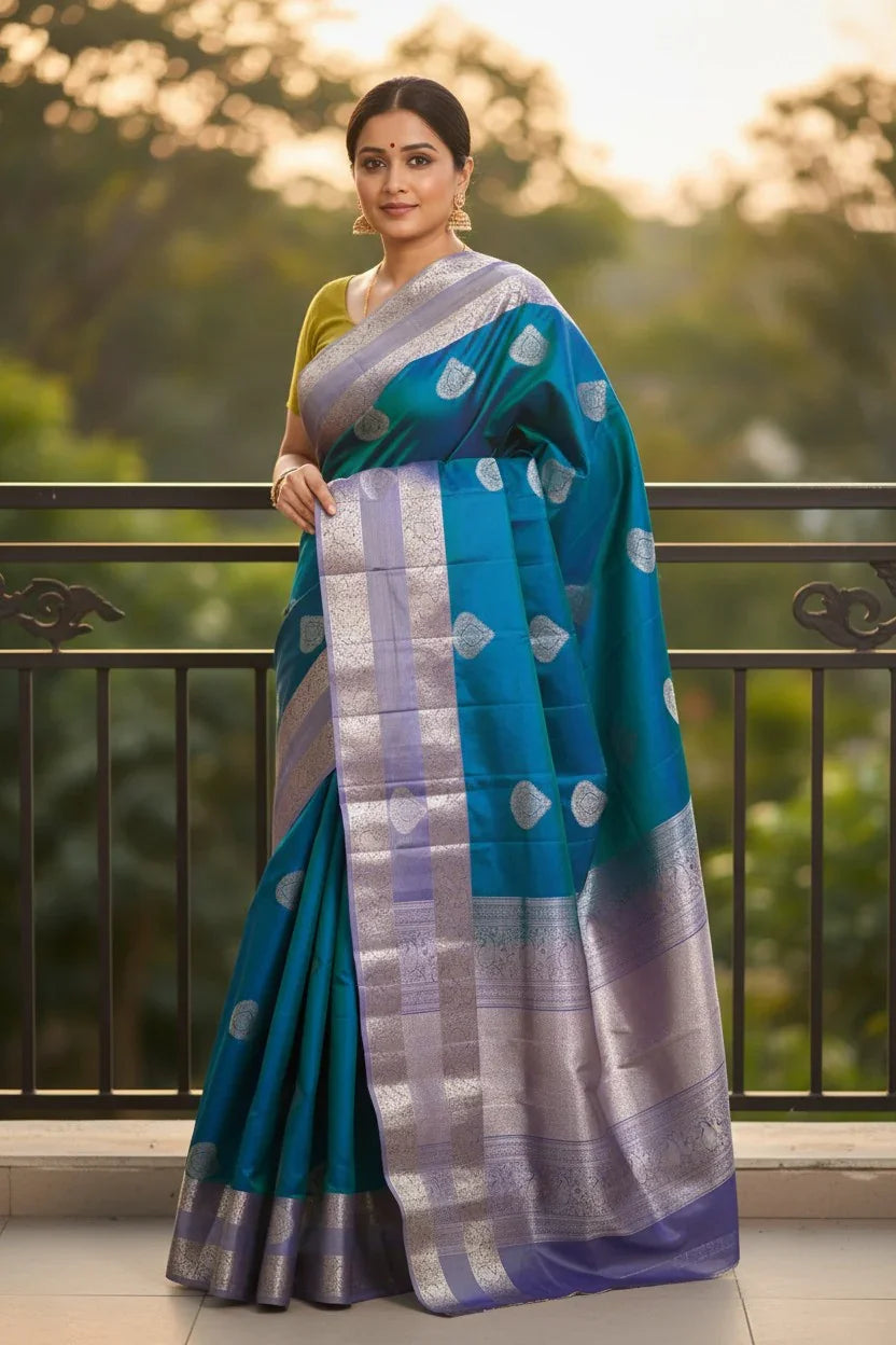 Rama Green Color Designer Kanchi Pure Soft Silk Saree - pochampallysarees.com