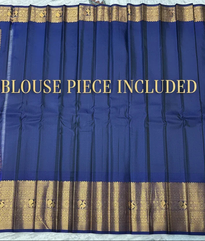 Pure Gadwal Silk Saree in Pastel Mint Green with Navy Blue Temple Border & Grand Gold Zari Pallu | Traditional Handloom Wedding Saree - pochampallysarees.com