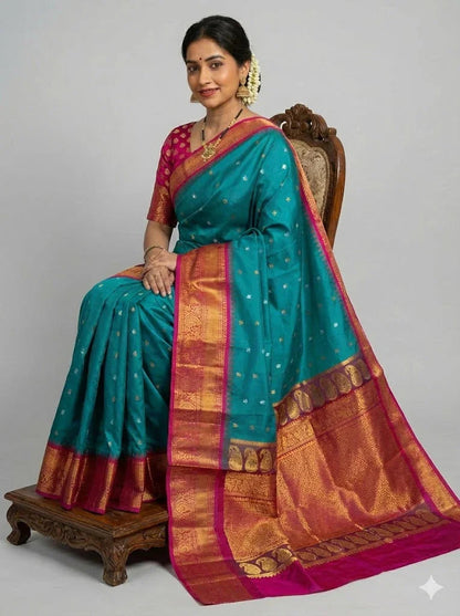 Elegant Teal Blue Pure Gadwal Silk Saree with Contrast Rani Pink Zari Border & Pallu - pochampallysarees.com