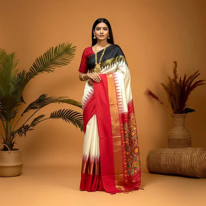POCHAMPALLY IKKAT SILK MIDDLE CREAM ONE GANGA JAMUNA KANCHI BORDER RED AND ONE BORDER BLACK PALLU RED AND BLOUSE SAME AS IKKAT DESIGN - pochampallysarees.com