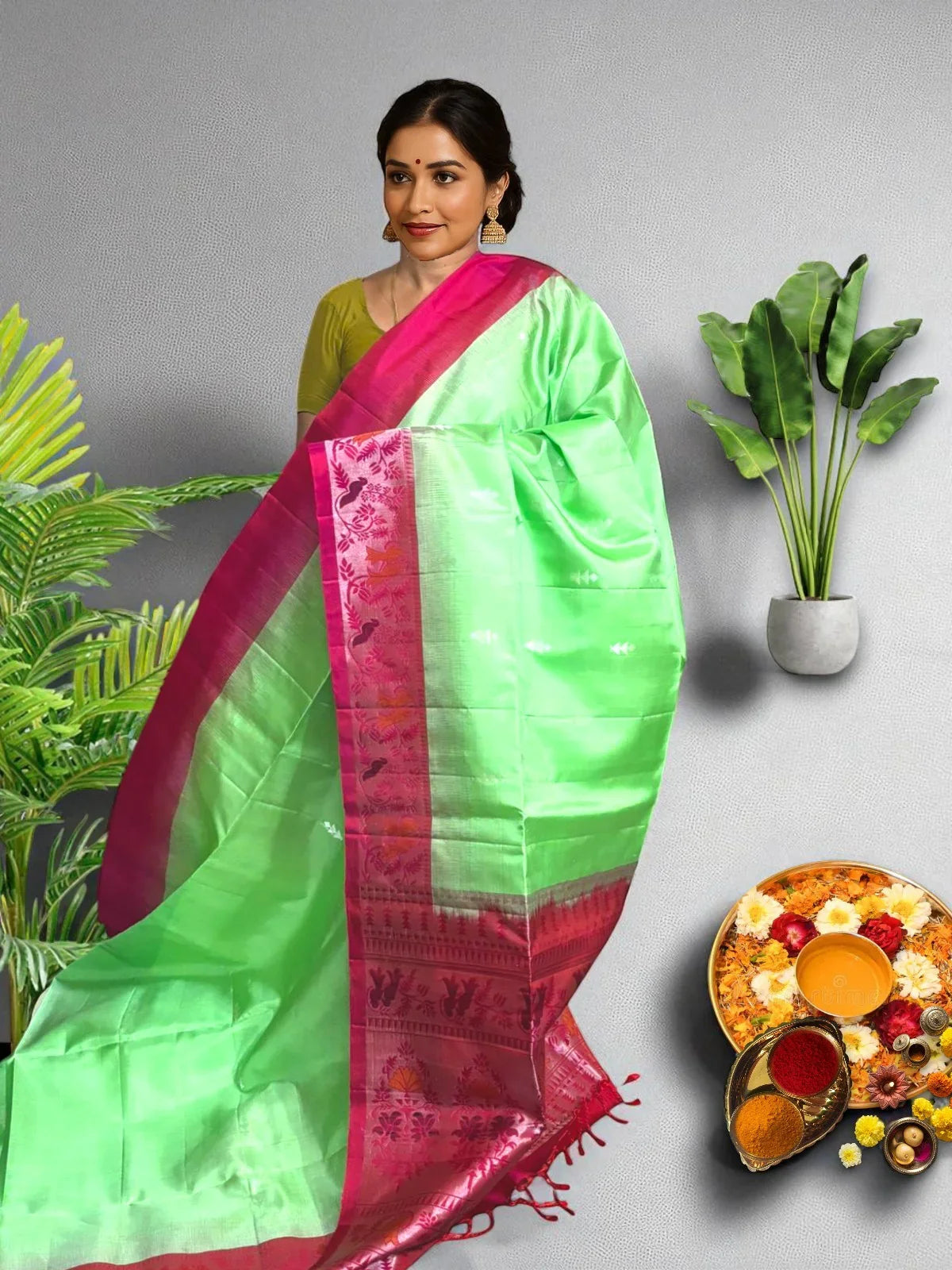 PURE SOFT SILK SAREE BODY GREEN BORDER RED SARI - pochampallysarees.com