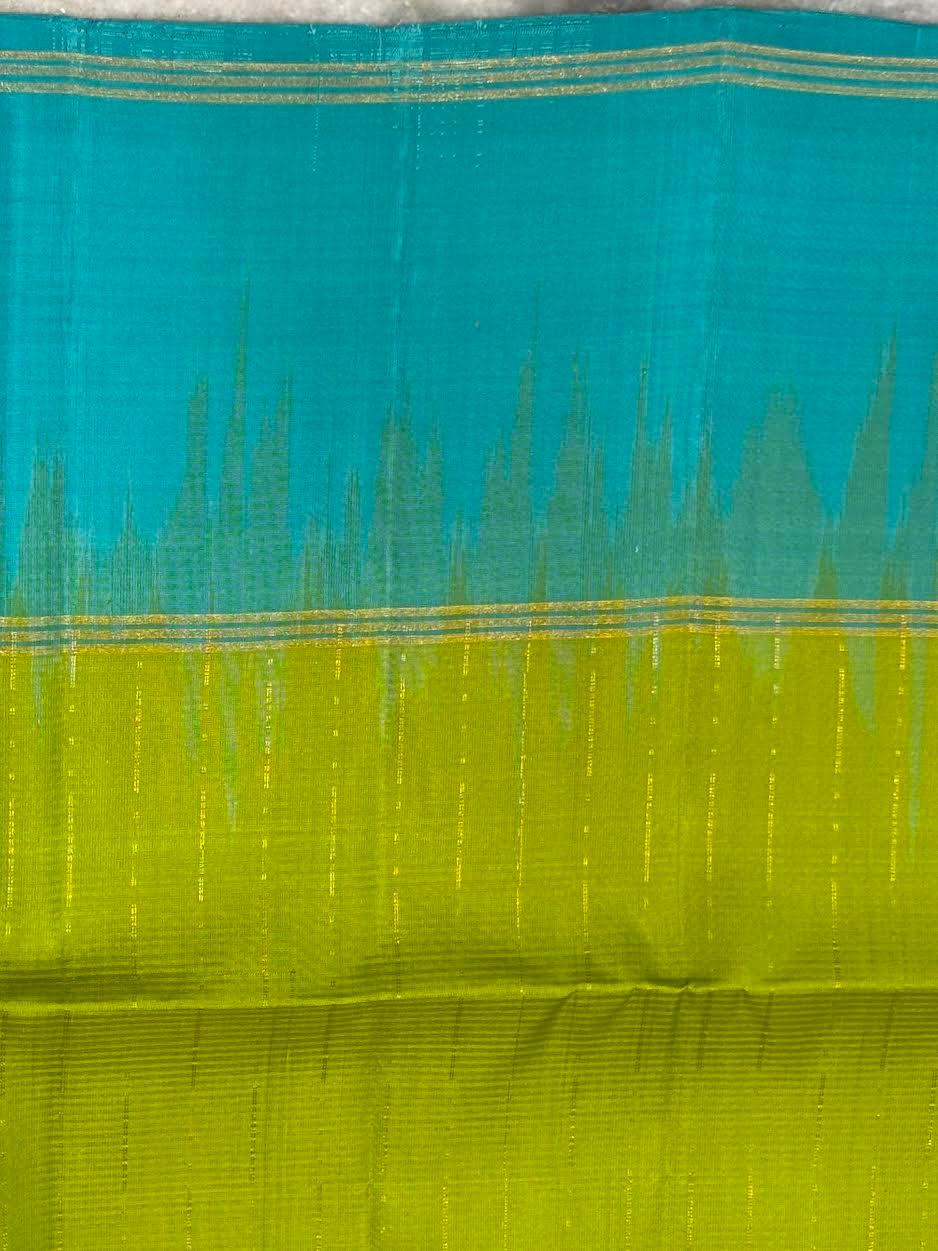 Women's Kanjivaram Soft Silk Lime Green With Aqua Blue Saree With Unstiched Blouse Piece - pochampallysarees.com