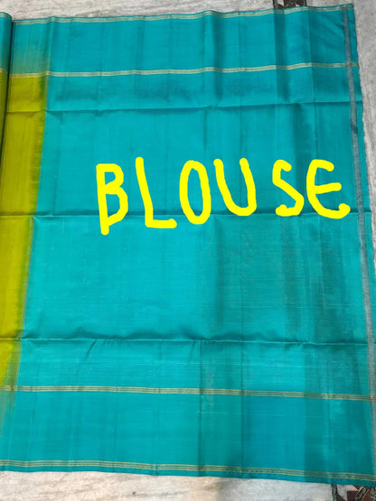 Women's Kanjivaram Soft Silk Lime Green With Aqua Blue Saree With Unstiched Blouse Piece - pochampallysarees.com