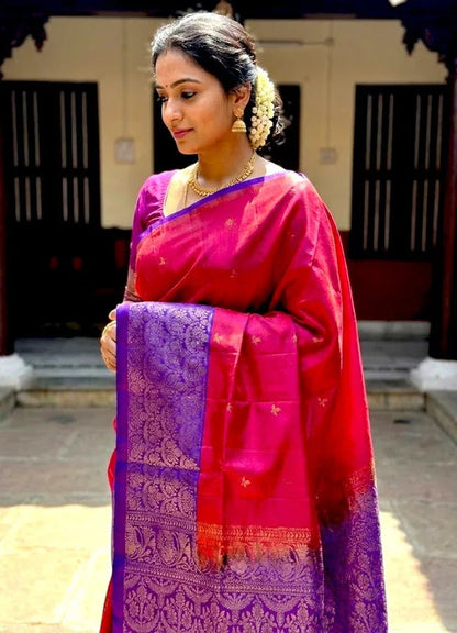 Luxury Soft Silk Saree in Orange & Violet | Gold Zari Butta Design - pochampallysarees.com