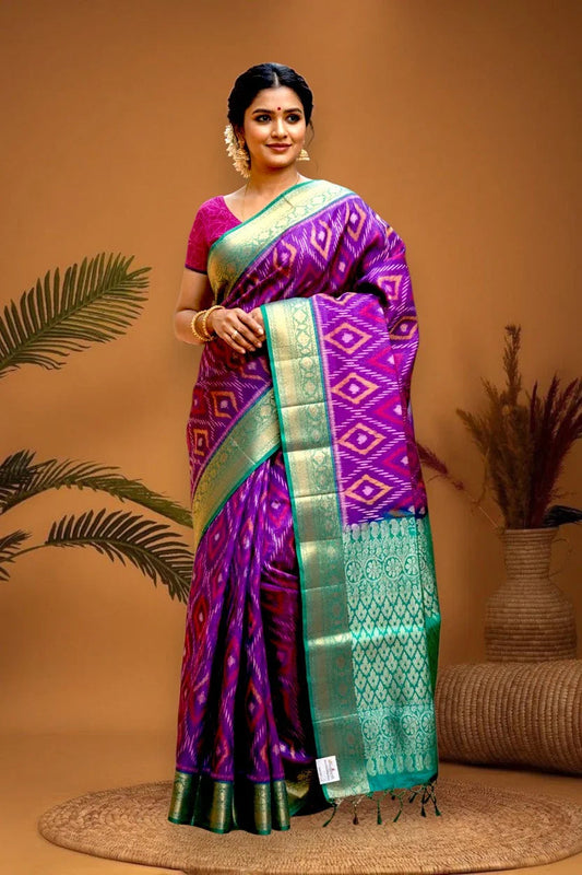 PURE SOFT SILK SAREE PURPLE AND RAMA GREEN WITH ALLOVER IKKAT DESIGN WEAVES IN BORDER AND PALLU KANCHI STYLE - pochampallysarees.com
