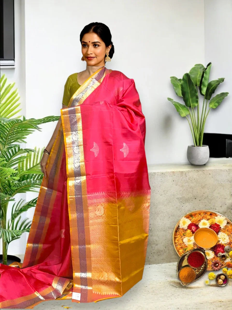 Pink Brown Color Designer Kanchi Pure Soft Silk Saree - pochampallysarees.com