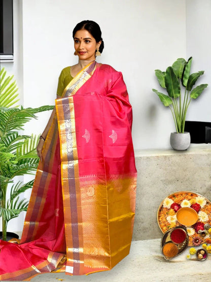 Pink Brown Color Designer Kanchi Pure Soft Silk Saree - pochampallysarees.com