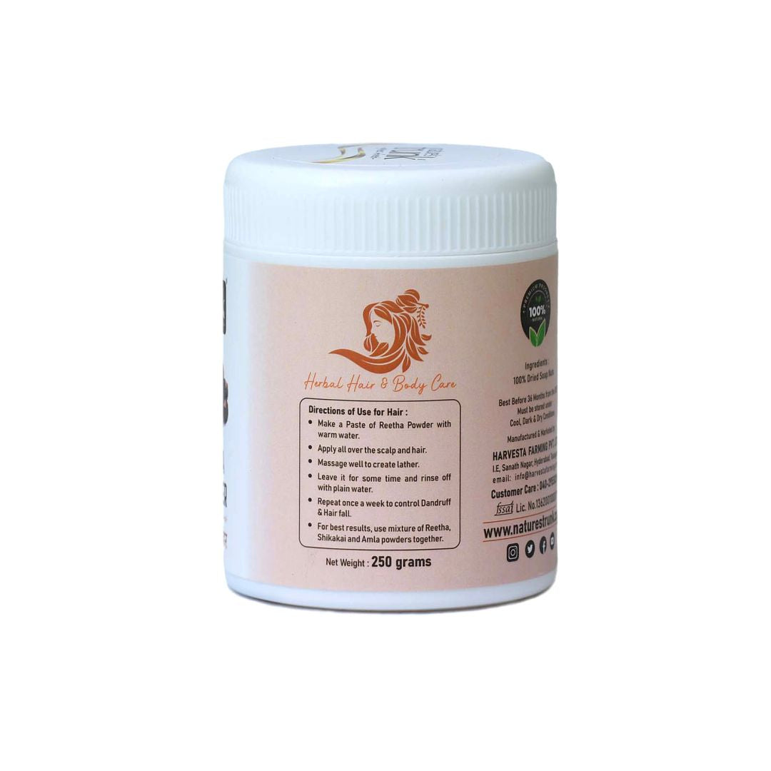 Pure reetha powder texture shown — natural kumkudu kaya powder that cleanses scalp, reduces dandruff, and adds shine to hair.