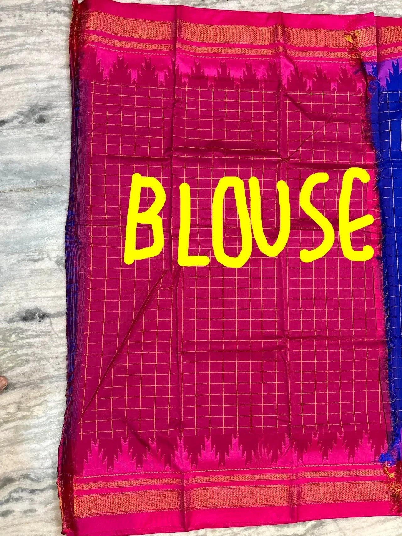 Pure Gadwal Silk Saree - Royal Blue with Gold Zari Windowpane Checks & Contrast Magenta Temple Border | Traditional Handloom Wedding Saree with Blouse Piece - pochampallysarees.com
