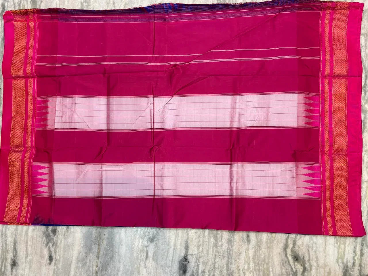 Pure Gadwal Silk Saree - Royal Blue with Gold Zari Windowpane Checks & Contrast Magenta Temple Border | Traditional Handloom Wedding Saree with Blouse Piece - pochampallysarees.com