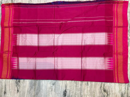 Pure Gadwal Silk Saree - Royal Blue with Gold Zari Windowpane Checks & Contrast Magenta Temple Border | Traditional Handloom Wedding Saree with Blouse Piece - pochampallysarees.com