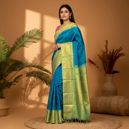 Authentic Gadwal Silk Saree Ananda Blue - pochampallysarees.com