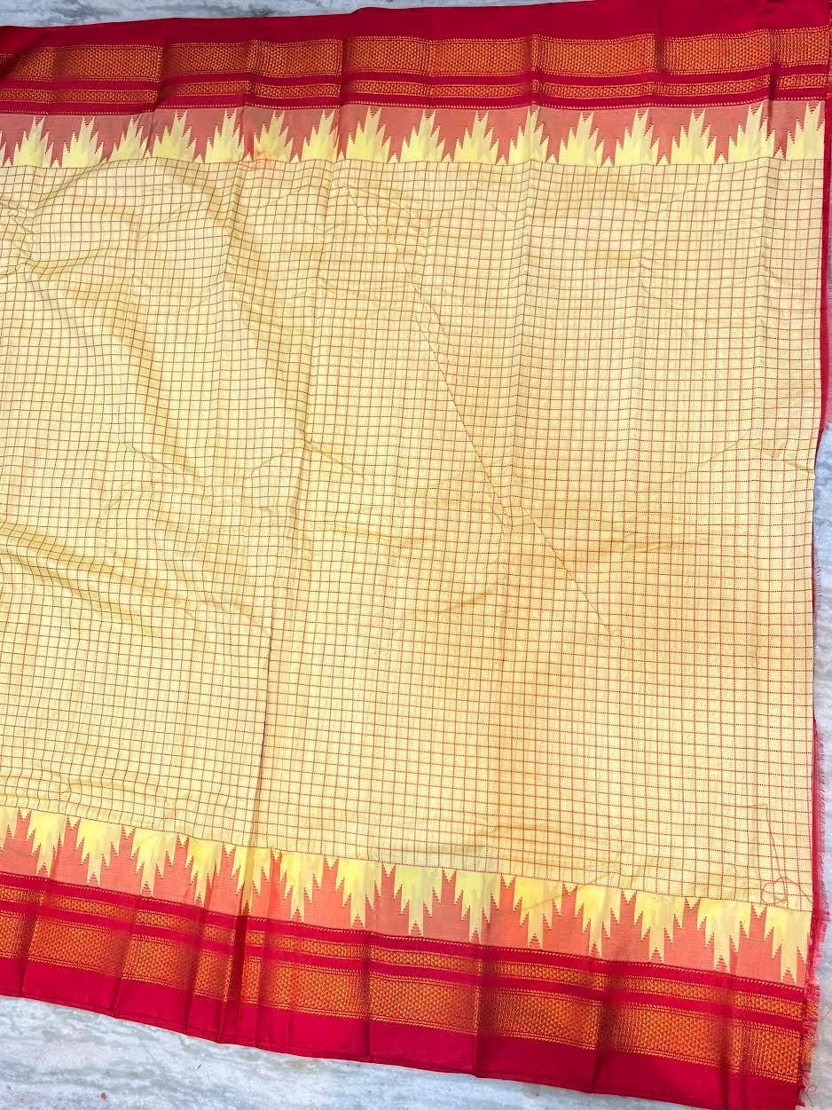 Pure Gadwal Silk Saree in Cream & Crimson Red | Gold Zari Temple Border & Checkered Body | Traditional Handloom Wedding Wear - pochampallysarees.com