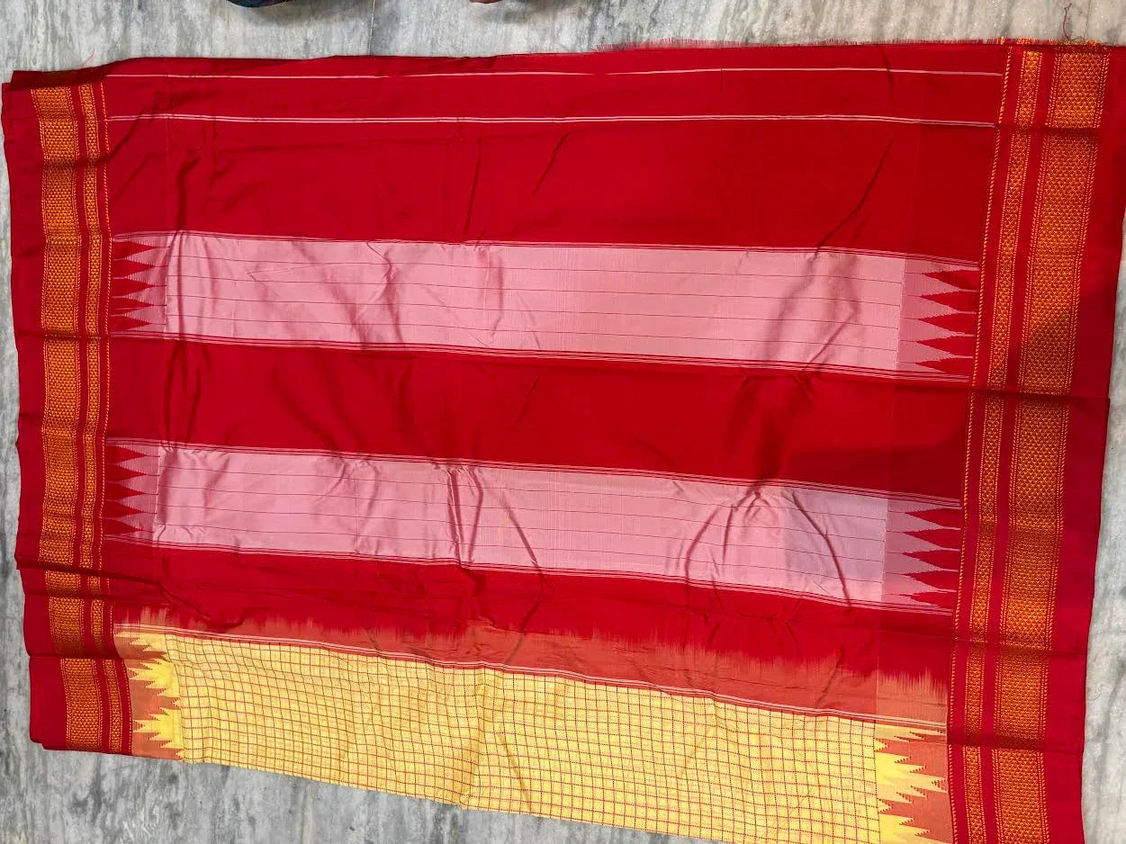 Pure Gadwal Silk Saree in Cream & Crimson Red | Gold Zari Temple Border & Checkered Body | Traditional Handloom Wedding Wear - pochampallysarees.com