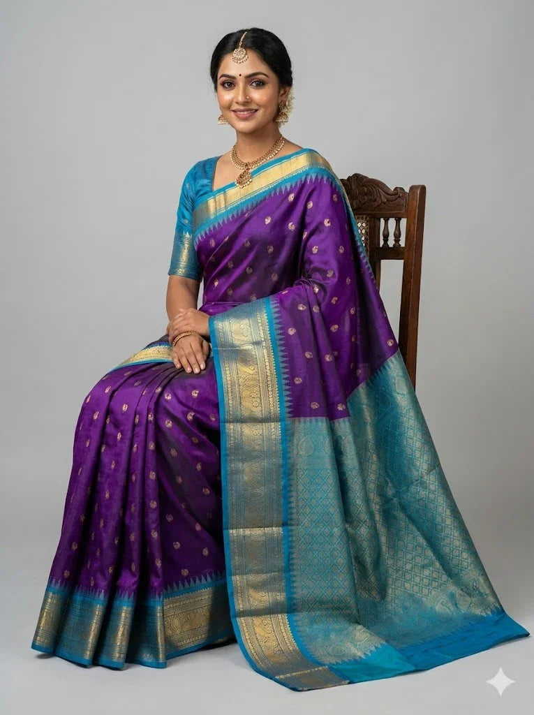 Pure Gadwal Silk Saree in Royal Purple & Turquoise Blue with Rich Gold Zari Border | Wedding Collection - pochampallysarees.com