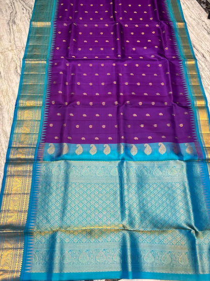 Pure Gadwal Silk Saree in Royal Purple & Turquoise Blue with Rich Gold Zari Border | Wedding Collection - pochampallysarees.com