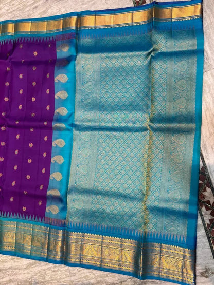 Pure Gadwal Silk Saree in Royal Purple & Turquoise Blue with Rich Gold Zari Border | Wedding Collection - pochampallysarees.com