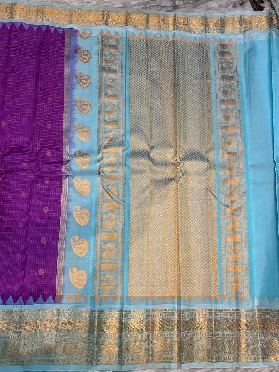 Pure Gadwal Silk Saree in Purple & Sky Blue | Gold Zari Checks & Traditional Temple Border | Festive & Wedding Wear - pochampallysarees.com