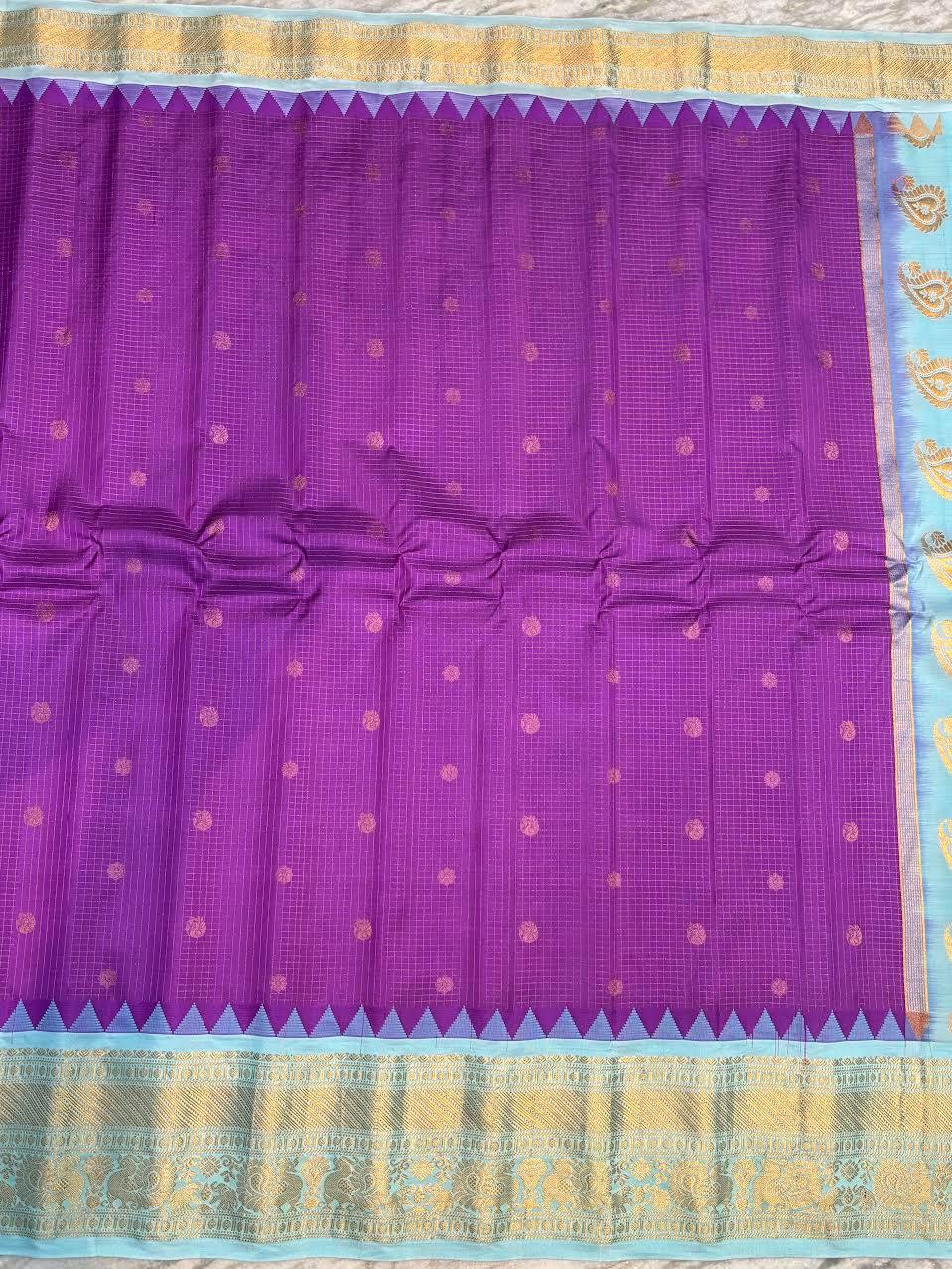 Pure Gadwal Silk Saree in Purple & Sky Blue | Gold Zari Checks & Traditional Temple Border | Festive & Wedding Wear - pochampallysarees.com