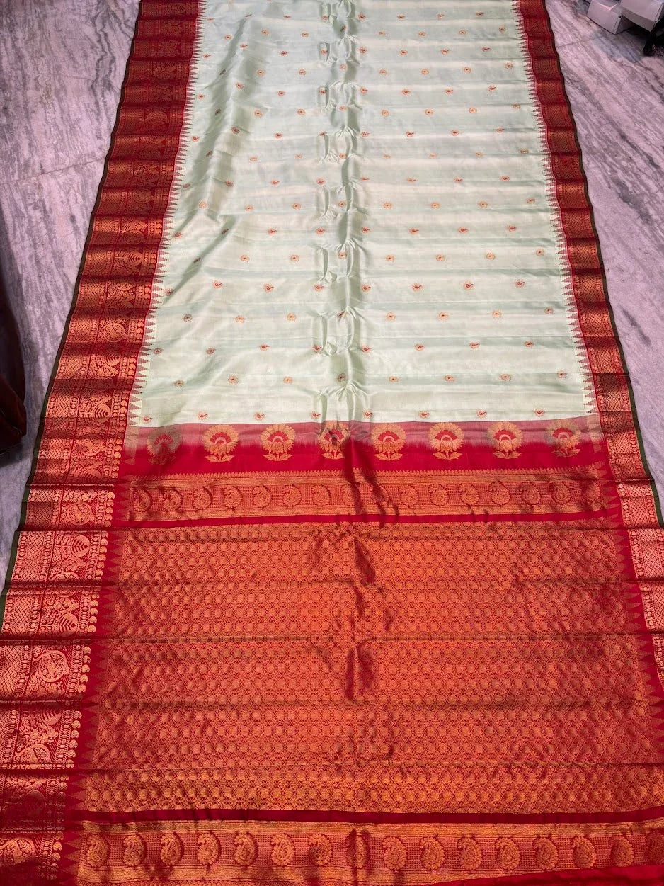 Pure Gadwal Silk Mint Green & Red Saree - pochampallysarees.com