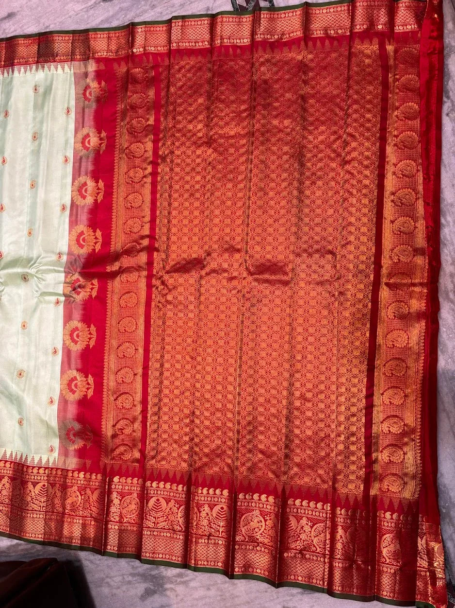 Pure Gadwal Silk Mint Green & Red Saree - pochampallysarees.com