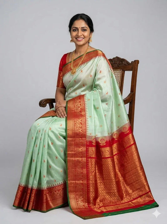 Pure Gadwal Silk Mint Green & Red Saree - pochampallysarees.com