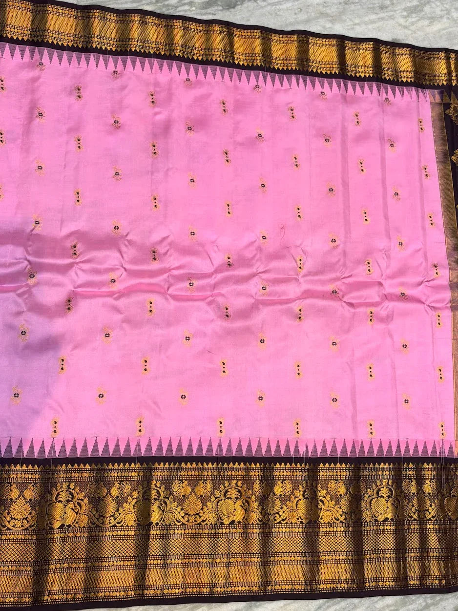 Pure Gadwal Silk Saree: Baby Pink with Contrast Chocolate & Gold Zari Border | Handloom Kuttu Temple Border Saree for Weddings & Festivals - pochampallysarees.com