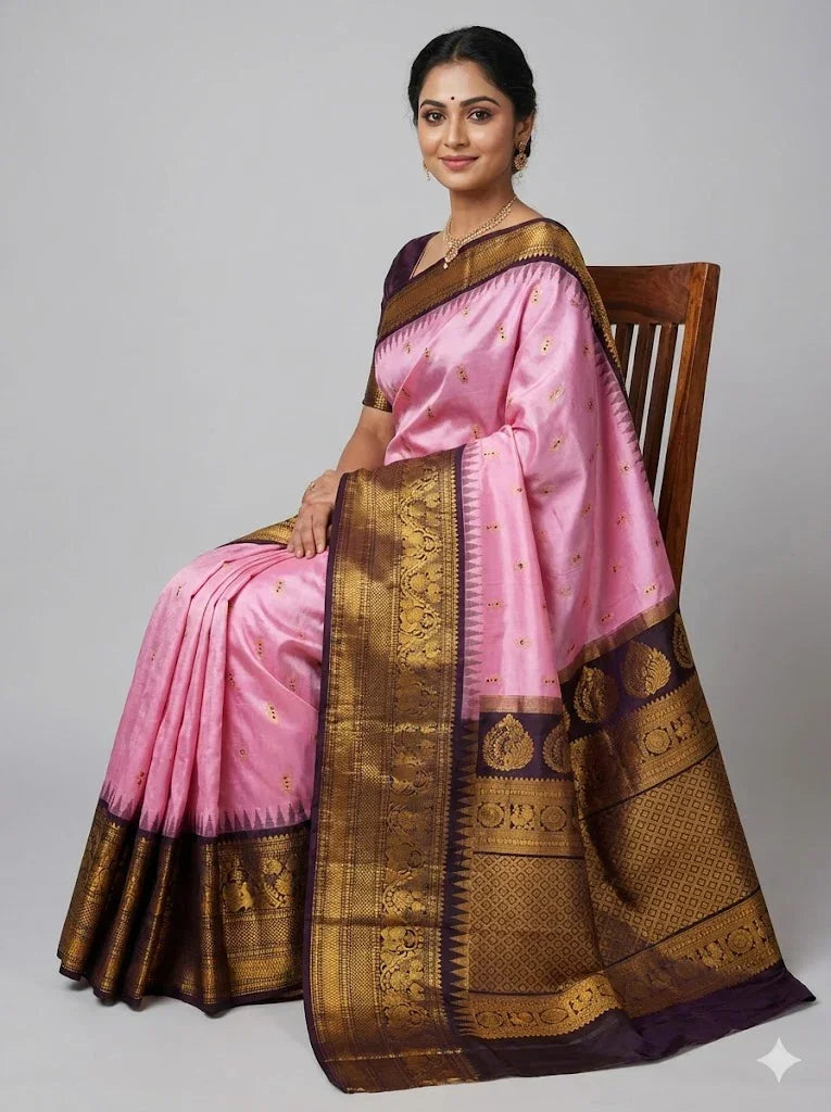 Pure Gadwal Silk Saree: Baby Pink with Contrast Chocolate & Gold Zari Border | Handloom Kuttu Temple Border Saree for Weddings & Festivals - pochampallysarees.com